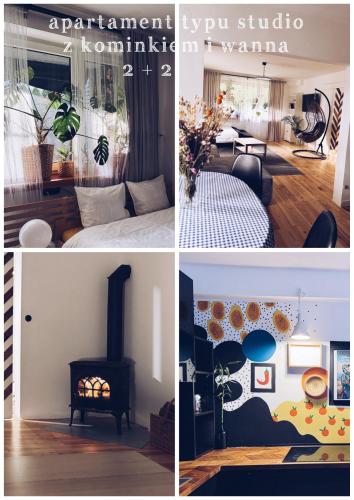 a collage of four pictures of a room with a bedroom at GóralSki in Wisła