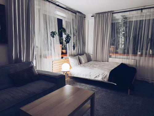 a living room with a bed and a couch at GóralSki in Wisła