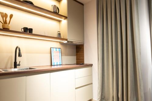 普里什蒂纳Central Studio Apartment的带白色橱柜和水槽的厨房