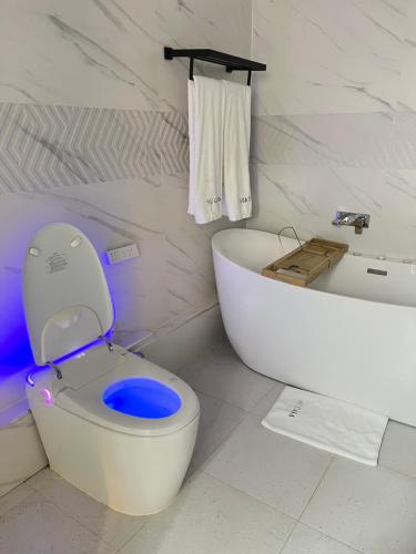 a bathroom with a toilet and a bath tub at SuCasa Villa located in Maiyan Nanyuki in Nanyuki