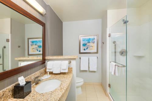 a bathroom with a sink and a toilet and a mirror at Courtyard by Marriott Santa Ana Orange County in Santa Ana