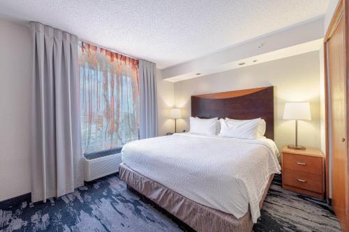 a bedroom with a large bed and a large window at Fairfield Inn & Suites by Marriott Chicago Naperville in Naperville