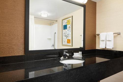 a bathroom with a sink and a large mirror at Fairfield Inn and Suites by Marriott Plainville in Plainville