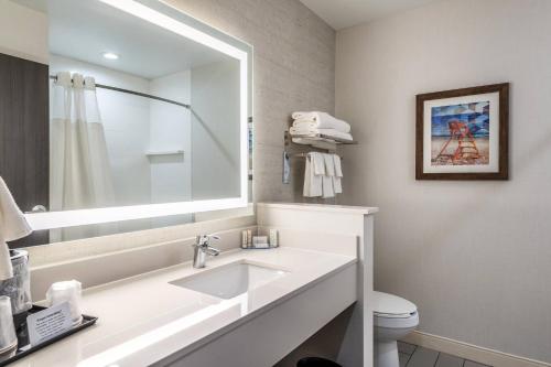 a bathroom with a sink and a mirror and a toilet at Fairfield Inn & Suites by Marriott St. Joseph Stevensville in Stevensville