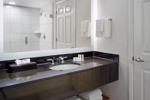 a bathroom with a sink and a large mirror at Fairfield by Marriott Inn & Suites Asheville Outlets in Asheville