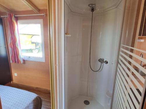 a shower in a small room with a bed at Roulotte authentique en pleine nature près de Nancy - FR-1-584-363 in Burthecourt-aux-Chênes