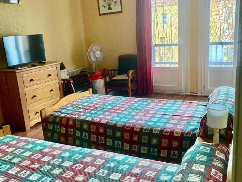 une chambre avec deux lits et une commode et une fenêtre dans l'établissement Studio aux Thermes avec Parking et WIFI - FR-1-703-199, à Amélie-les-Bains-Palalda