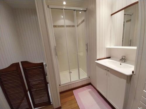 une salle de bain avec douche et lavabo dans l'établissement Villa calme, terrasses, animaux acceptés, parking, WiFi - FR-1-479-202, à Étel