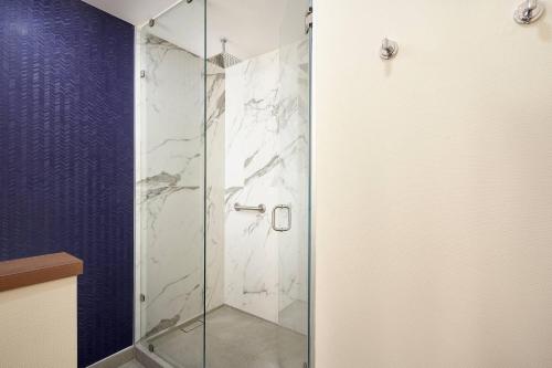 a shower with a glass door in a bathroom at Fairfield Inn & Suites Silao Guanajuato Airport in Silao