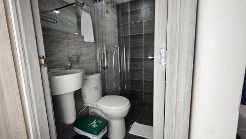 a small bathroom with a toilet and a sink at Andaliving Campo Valdés in Medellín