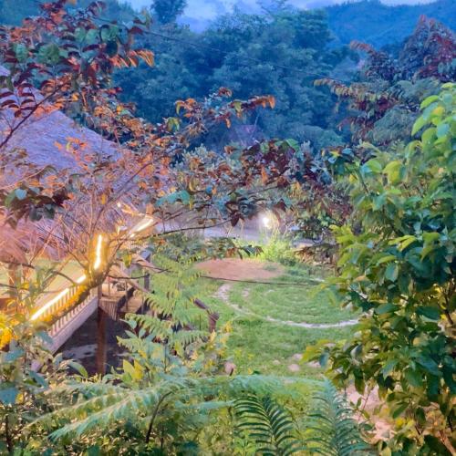 a garden with a bench in the middle of a forest at Nguyệt Nhi Homestay A Lưới in A Lưới (1)
