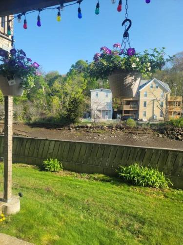 a garden with flowers hanging from a fence at Stylish, Cozy, Well-equipped Apt in Braintree MA in Braintree