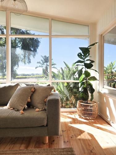 a living room with a couch and a large window at Wine Down McLaren Vale, a cosy vineyard retreat in McLaren Vale
