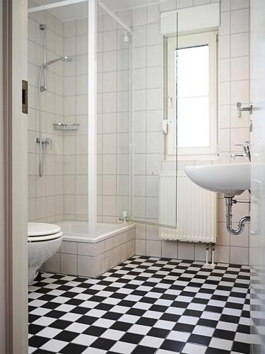 a bathroom with a sink and a toilet and a shower at Am Darßwald Haus 2 1 in Prerow