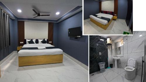 three pictures of a bedroom with a bed and a toilet at Hotel Aastha Height in Rishīkesh