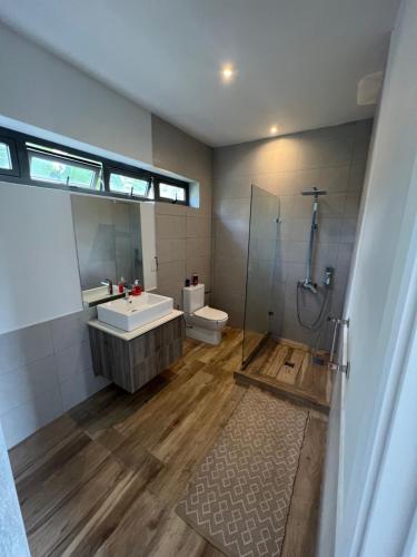 a bathroom with a sink and a shower and a toilet at Anam luxury 4 Bedroom House in Pereybere