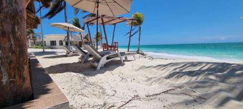 a beach with chairs and an umbrella and the ocean at Elysian Private Haven Ultimate Front Beach Paradise, Isla Blanca in Isla Blanca
