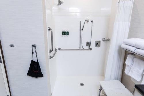 a bathroom with a shower with a black purse at Fairfield Inn & Suites by Marriott Bowling Green in Bowling Green