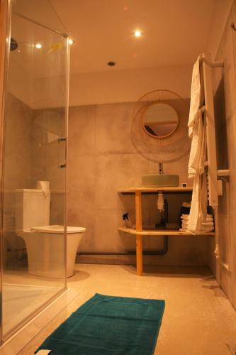 La salle de bains est pourvue de toilettes et d'un tapis vert. dans l'établissement Gîte Croq'Champs, à Saint-Alban-des-Hurtières