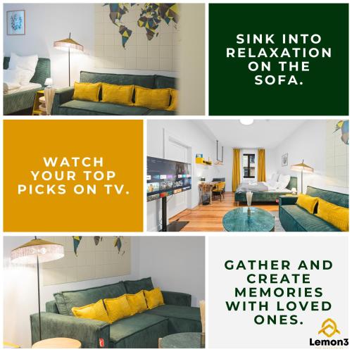 a collage of three pictures of a living room at Lemon3 - Karlsruhe Beiertheim in Karlsruhe