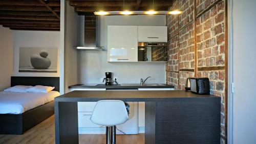 - une cuisine avec un comptoir et un lit dans une chambre dans l'établissement Little Suite - Héloise, à Lille