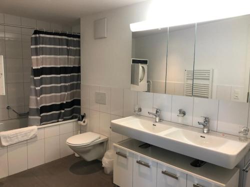 a bathroom with a sink and a toilet and a mirror at Executive 2BR Flat 100sqm - Mainau 6 in Zürich