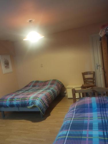 - une chambre avec 2 lits et une lumière au plafond dans l'établissement Gite Paray le monial, à Paray-le-Monial