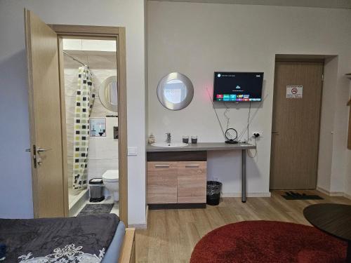 a bathroom with a sink and a toilet and a mirror at Kauno apartamentai big room king size bed in Kaunas