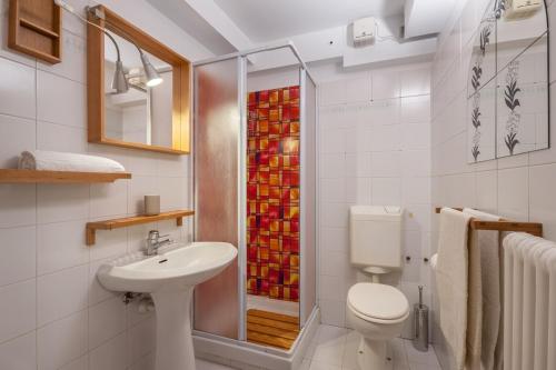 un bagno con wc, lavandino e doccia di [10 min. da Courmayeur] Elegante Appartamento a Pré-Saint-Didier