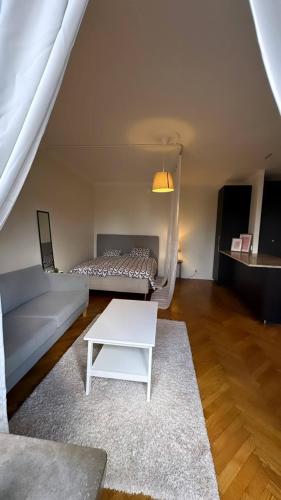 a living room with a couch and a table at Cozy and central apartment in Gothenburg