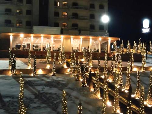 a building decorated with lights in the snow at night at Kainar Hotel in Shymkent