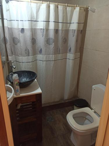 a bathroom with a toilet and a sink and a shower curtain at Chalet Faro in Mar del Plata