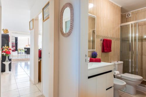 a bathroom with a toilet and a sink and a mirror at Apto JACARANDA LAS AMERICAS in Playa de las Americas