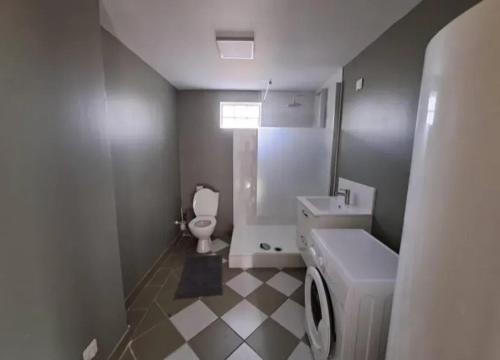 une salle de bain avec des toilettes blanches et un lavabo dans l'établissement Maison charmante à Audignies, 50 m² avec jardin clôturé., à Mecquignies