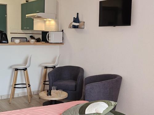 Cette chambre dispose de deux chaises, d'un lit et d'une télévision. dans l'établissement T1 - 160 bed - city center, à Toulouse