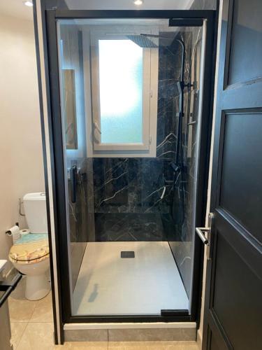 La salle de bains est pourvue d'une douche en verre et de toilettes. dans l'établissement Appartement T3 Idéal Plage et Commerces à Pied, Parking Privé, à La Ciotat