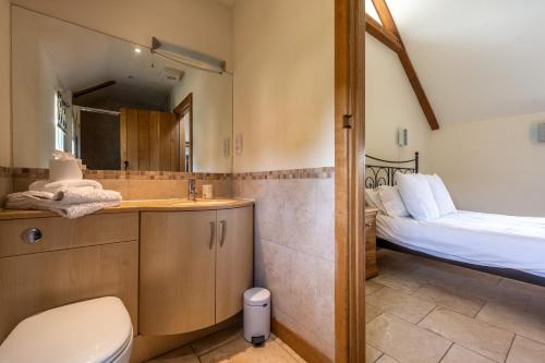 a bathroom with a sink and a toilet and a bed at Moles Meadow 4 in Middleton