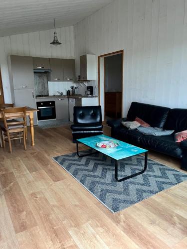 un salon avec un canapé noir et une table dans l'établissement Au Chalet Bourguignon 5, à Salives