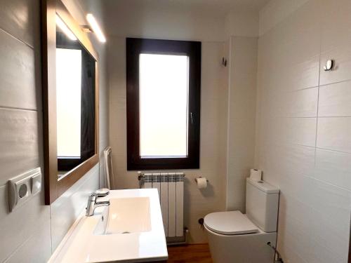 a bathroom with a sink and a toilet and a mirror at Apartaments Casa Mata - L'Amfitriona in Esterri d'Àneu