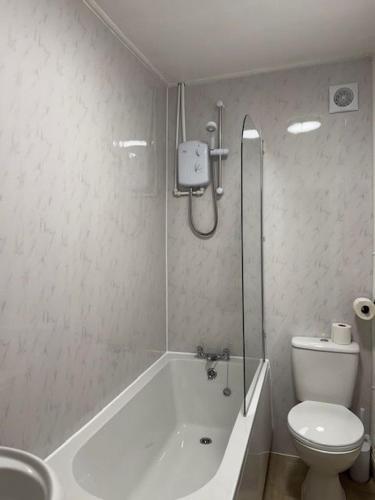 a bathroom with a tub and a toilet and a shower at Robert's Cottage in Abergynolwyn