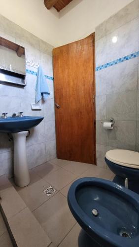 a bathroom with a blue sink and a toilet at Las Calandrias in Valle Hermoso