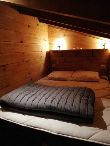 a bed in a room with a wooden wall at Superbe Studio Ambiance Chalet in Ustou