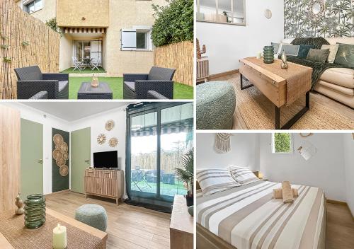 un collage de photos d'une chambre et d'un salon dans l'établissement Jardin privé, WiFi, proche de la mer, à Fréjus