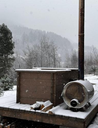 a toilet sitting on a platform in the snow at Гірські будиночки in Zhdenievo