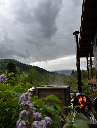 a fire grill in a field with mountains in the background at Гірські будиночки in Zhdenievo