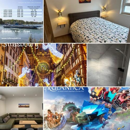 un collage de photos d'une chambre d'hôtel dans l'établissement Europapark à 11km Maison Soleil climatisé, à Friesenheim