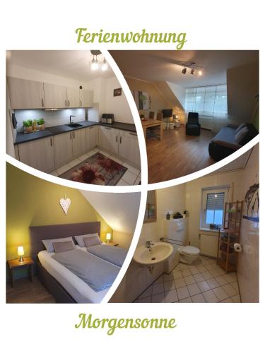 a collage of two pictures of a bedroom and a living room at Lindner Ferienwohnungen und Doppelzimmer in Fichtelberg