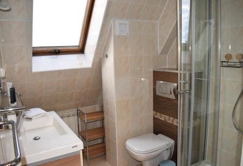 a bathroom with a toilet and a sink and a shower at Panorama Premium in Kościelisko
