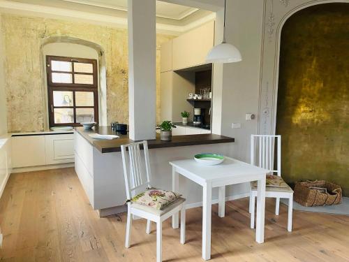 a kitchen with a white table and two chairs at Studio-Apartment im Weinberg in Meißen