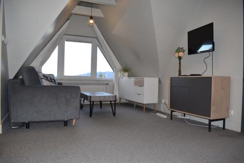 a living room with a couch and a tv at Panorama Premium in Kościelisko